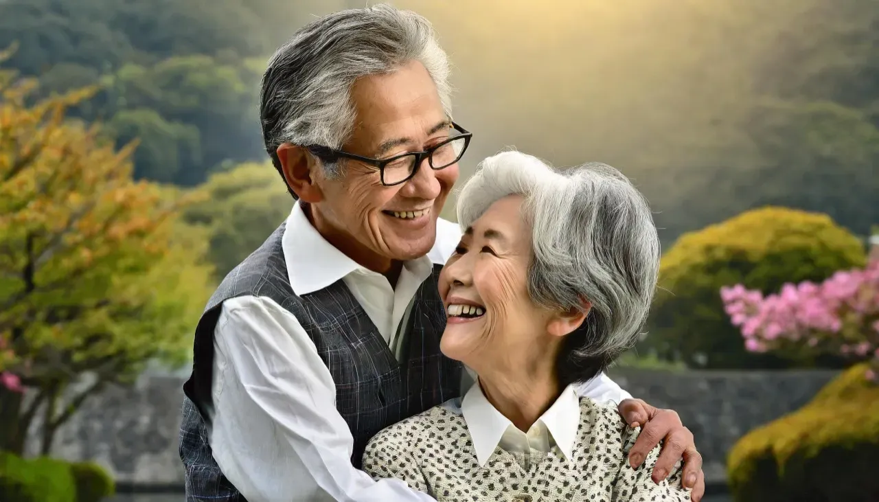 寄り添う年配の夫婦のイメージ画像