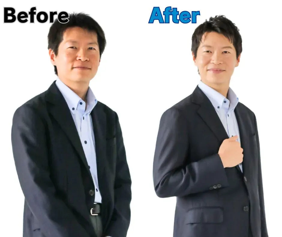 代表仲人の岡の自撮り写真と、プロが撮影した写真の比較
