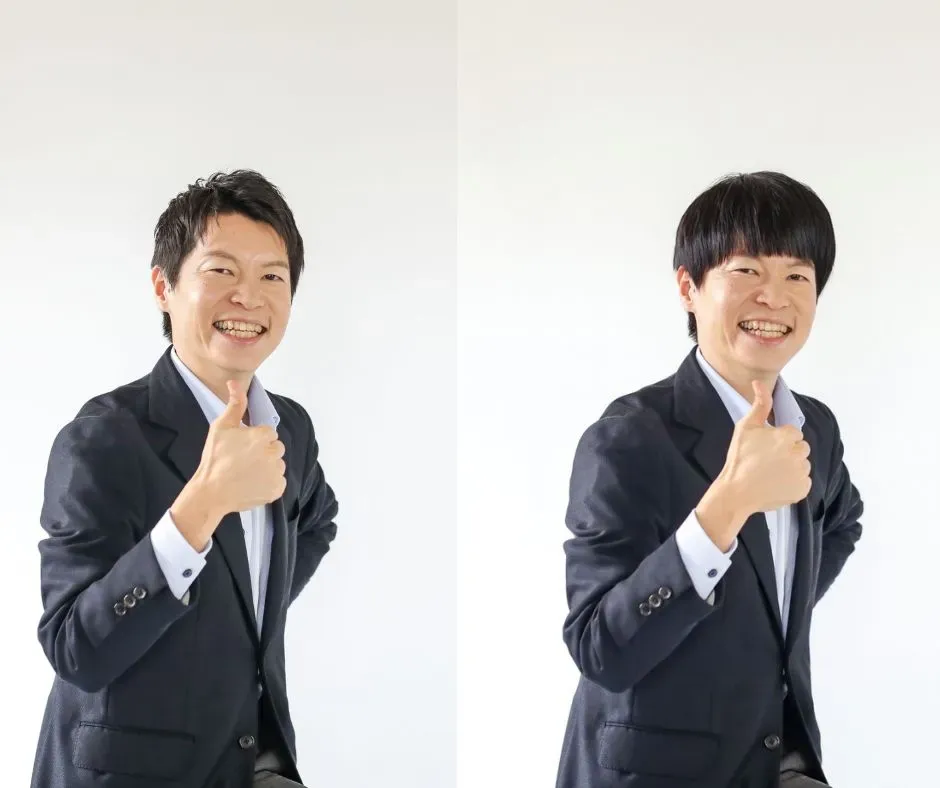 代表仲人・岡の写真の比較。前髪を下ろしておでこを隠した加工写真と、おでこを出した写真