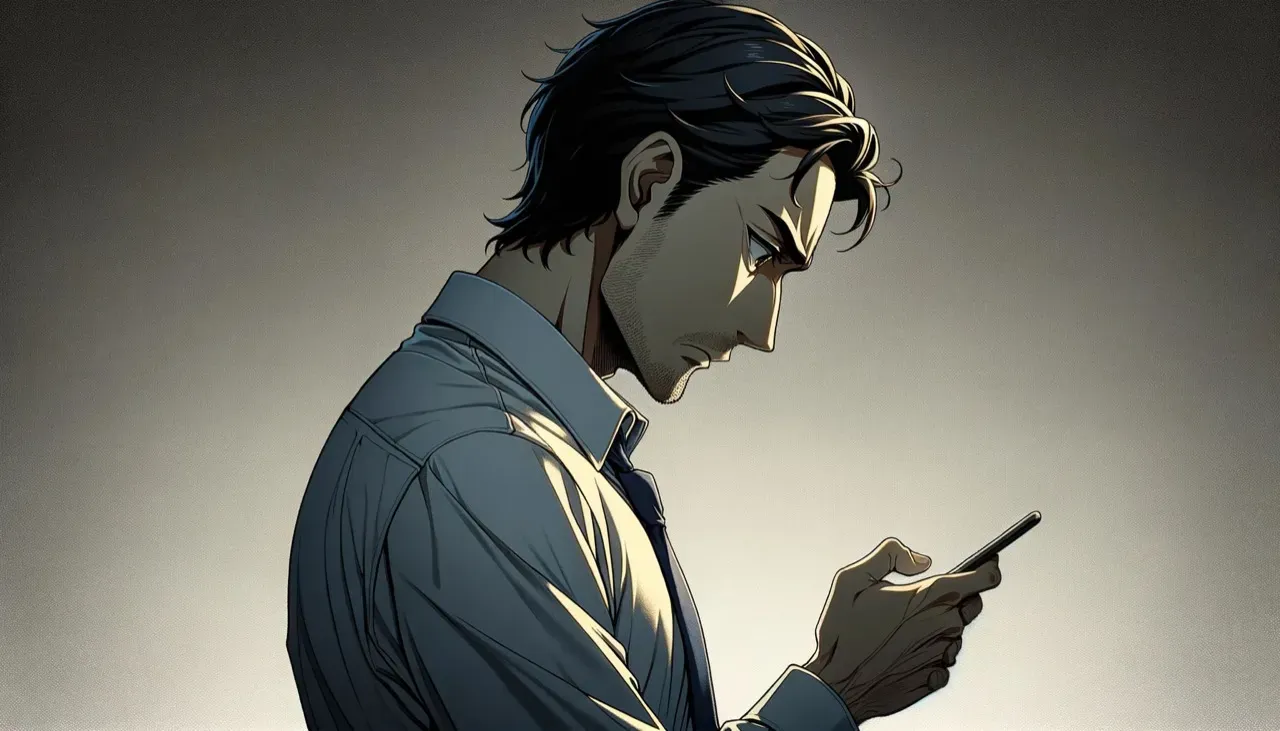 スマホを見つめて悩む男性の後ろ姿のイラスト
