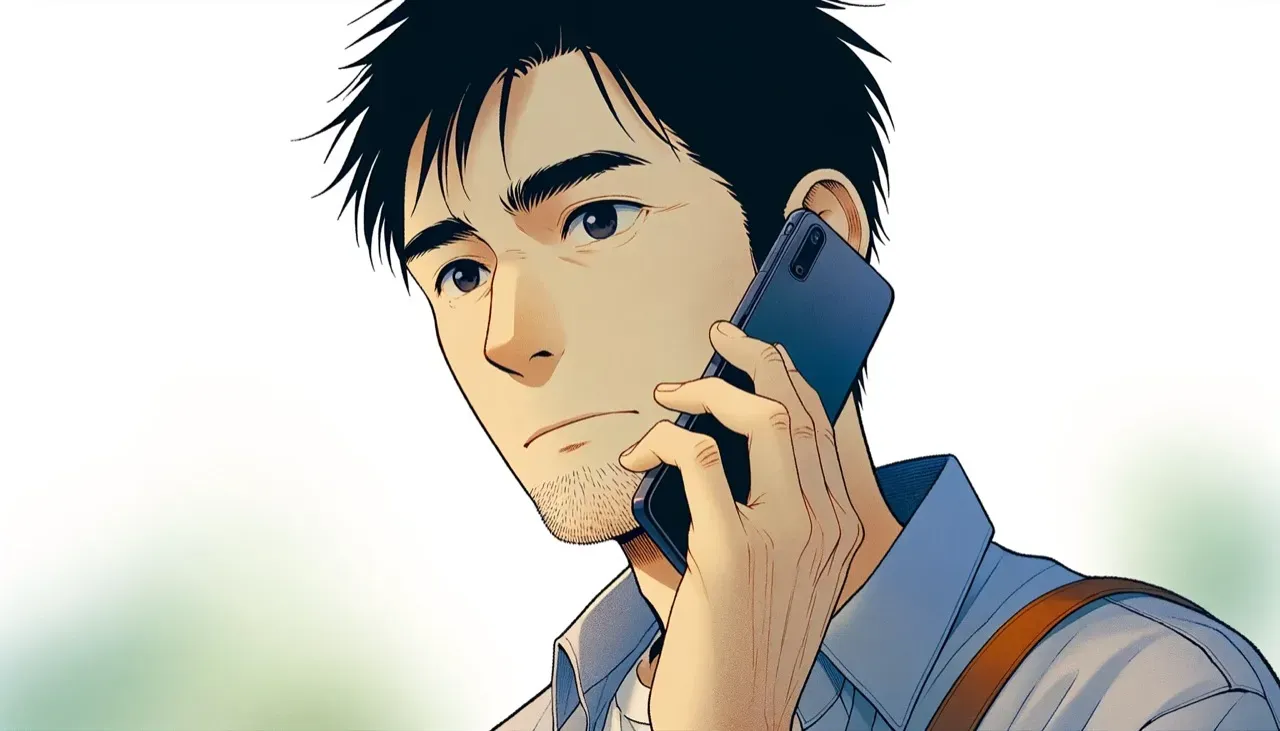 スマホで病院に電話をかける40代くらいの男性のイラスト
