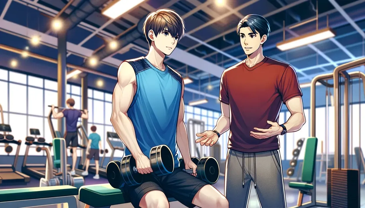 ジムでトレーニングする2人の男性のイラスト