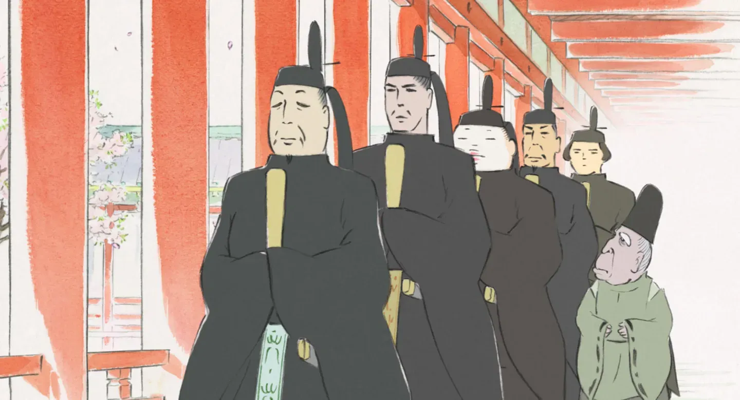 映画『かぐや姫の物語』で、かぐや姫が求婚者たちに向き合う場面