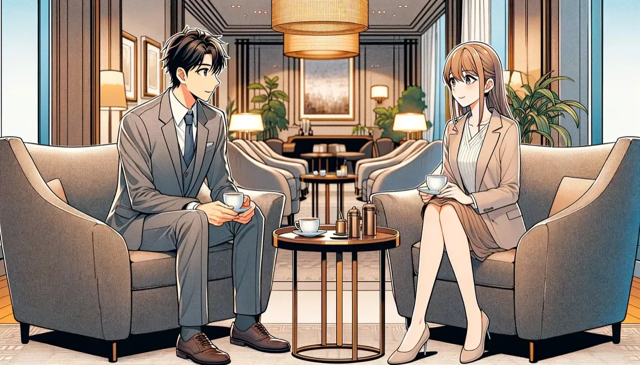 ホテルのラウンジでお見合いをする男女のイメージ画像