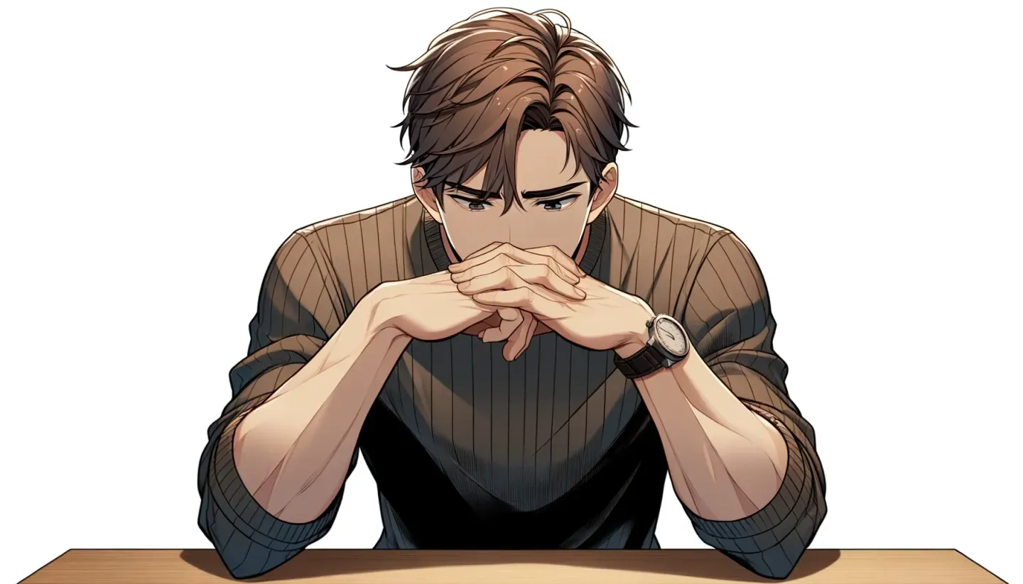テーブルに肘をついて悩む男性のイメージ画像