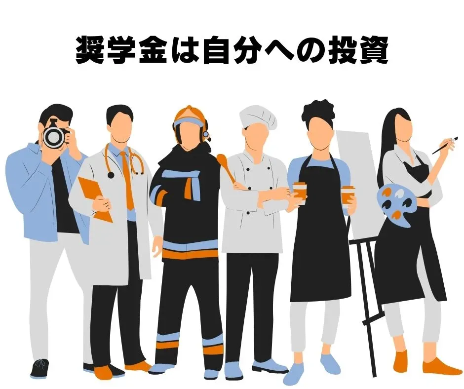 奨学金を自己投資として、スキルや経験を積み、仕事につなげる流れを示す図