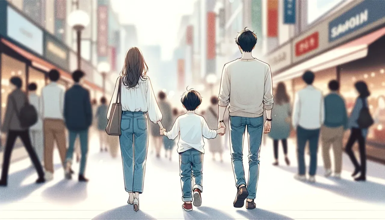 子ども連れの家族の後ろ姿のイメージ画像