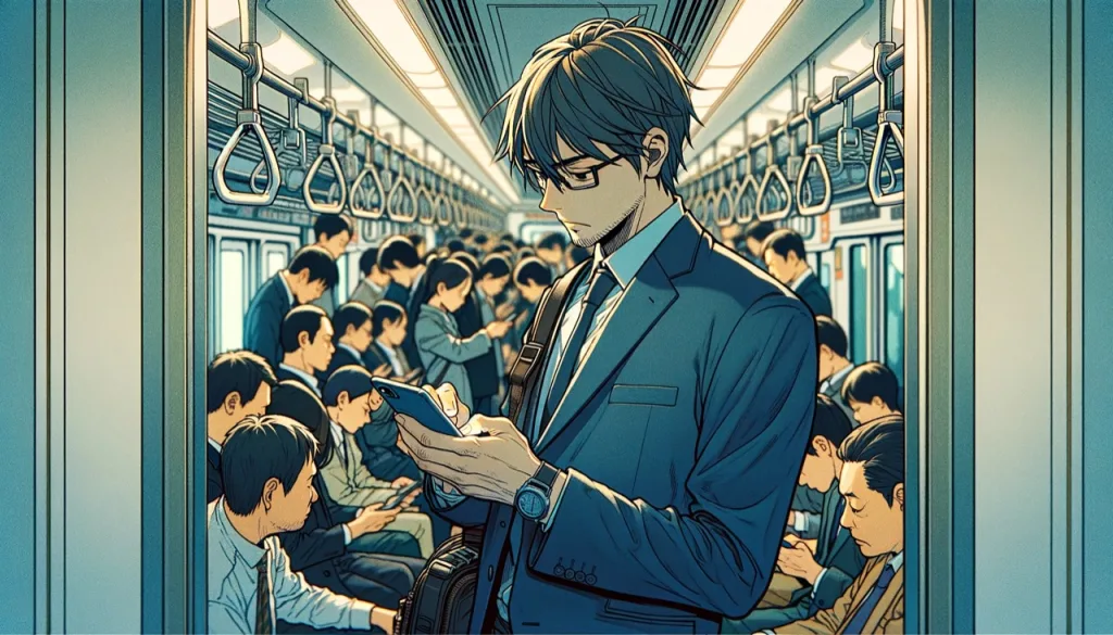 電車の中でスマホで読書する人のイメージ