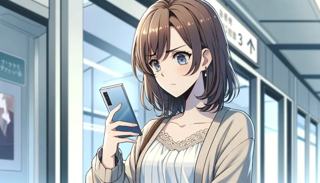 スマホを見ながら困った表情をする女性